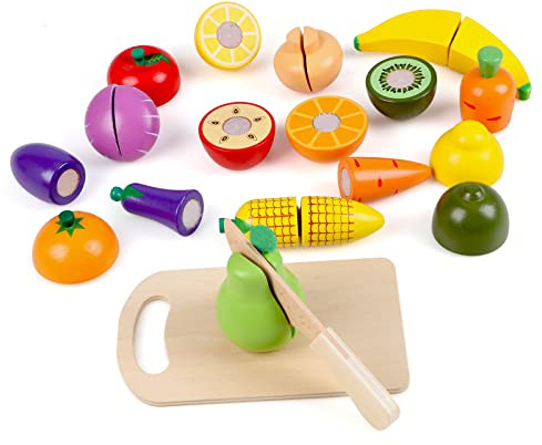 KABENFIS Hölzernes Spiel-Essen-Schneide-Set für Obst und Gemüse Spielzeug Pretend Play-Essen-Sets für Kinder Jungen Mädchen