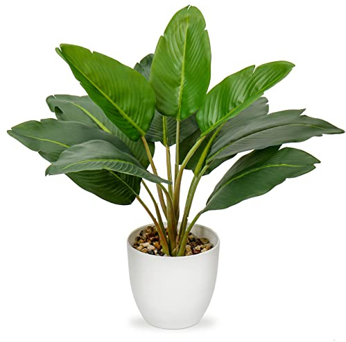 Hollyone Artificial Bird of Paradise Plant in Pot, Fake Palm Tropical Potted Plant 15 Faux Plantain Banana Leaf Plant for Indoor Outdoor Home Desk Office Garden Decoration