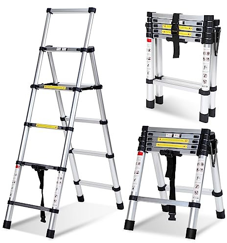 Lospitch - Scala telescopica pieghevole, 1,4 + 1,7 m, in alluminio, antiscivolo, multiuso, allungabile, telaio ad A, 4+5 pioli, portata 150 kg