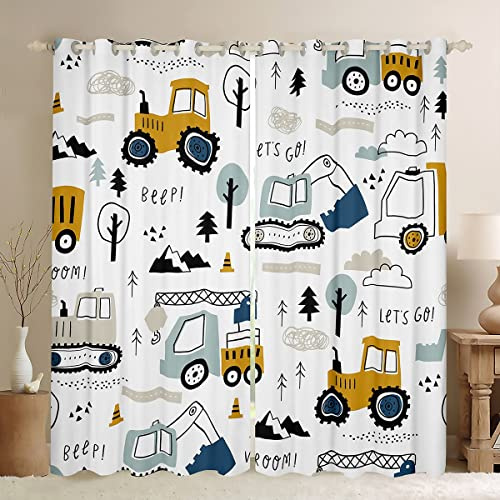 Loussiesd Cortinas de dibujos animados de coches para niños para dormitorio y sala de estar, con diseño de construcción, oscurecimiento, equipo de camiones, excavadora, tractor, blanco y amarillo