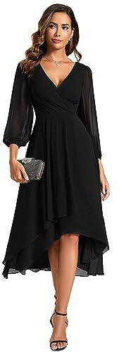 Ever-Pretty Women's Chiffon V Neck Long Sleeves A-Line Midi Length Wedding Guest Dress Cocktail Party Formal Dresses Black US8