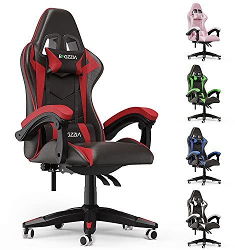 Bigzzia Silla Gaming,Silla Ergonómica de Oficina en Cuero PU,Regulable en Altura con Soporte Lumbar y Reposacabezas,Respaldo Reclinable 155°,Silla Gamer Adulto Niño(Rojo)