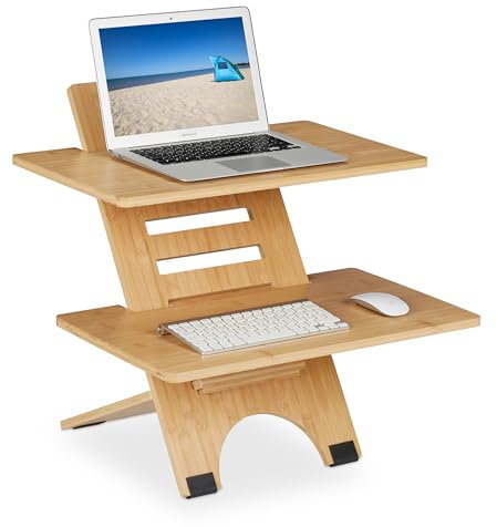 Relaxdays Stehschreibtisch Aufsatz, höhenverstellbar, 2 Ablagen, Bambus, Schreibtischaufsatz, stehend Arbeiten, Natur
