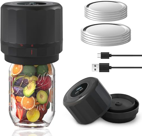Sellador al vacío eléctrico para tarros Mason – Kit de sellador al vacío con tapas Mason de boca regular ancha – Sellador al vacío para almacenamiento de alimentos – Sellador al vacío para tarros