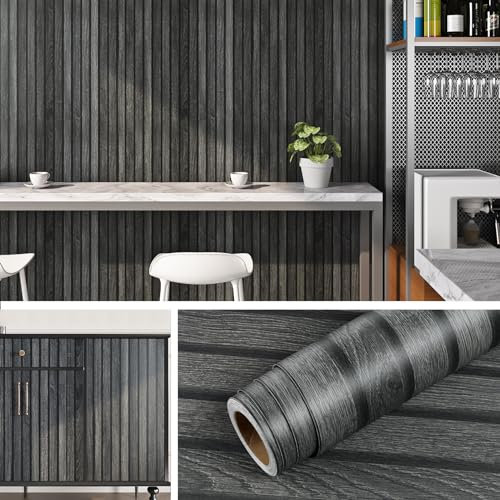 Livelynine Self Adhesive Wallpaper Wood Panel 40CMx10M 3D Wood Slat Wallpaper Charcoal Grey Stick on Wall Paper for Living Room Bedroom Modern Skandi Wooden Wall Papers Roll Dark Wooden Contact Paper