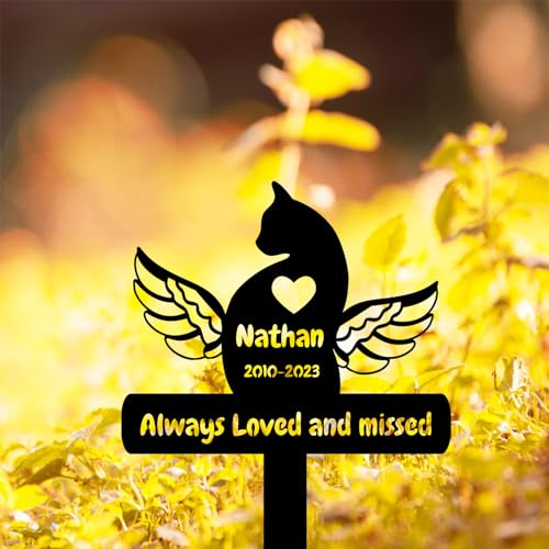 GRJIRAC Personalized Cat Memorial Stake Outdoor Metal Memerial Plaque, Custom Pet Cat Memerial Grave Marker Remembrance Marker with Wings and Heart, Customized Animal Cat Memorial Garden Stake