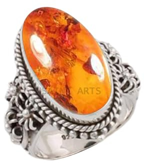 Solid 925 Sterling Silver Ring for Women & Men, Amber Ring Gemstone Unique Handcrafted Ring (US Size 10)