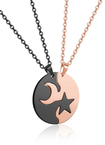 PiercingJak 2er Yin Yang Halskette mit Mond Stern Puzzle Anhänger Partner Kette Freundschaftskette Liebe Freundschaft Schmuck Beziehungs Geschenke für Freundin Paar