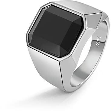 Dankadi Bague Agate Noire Large 16MM 18MM Ronde Carrée en 925 Argent Sterling Simple Grosse, 52-70mm Anneau Luxe Vintage Punk Cadeau Bijoux pour Homme Femme Fiançailles Alliance (11, Argent Style B)