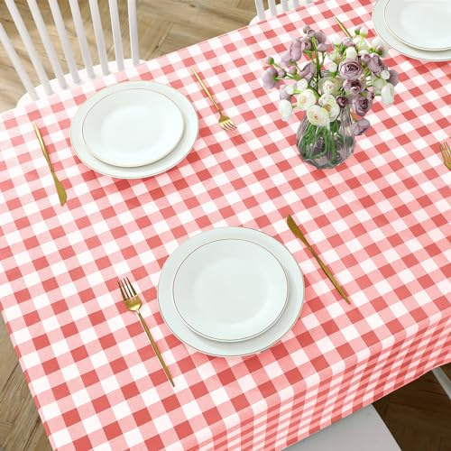 mosayt Wachstuchtischdecke Weihnachten Rot Weiß Kariert 140x200 cm Tischdecke Outdooor Wetterfest PVC Tischdecken Gartentischdecke Wachstuch landhausstil deko für Draußen,Balkon,Party,Garten,Kinder