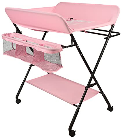 Wickeltisch, klappbar, faltbar, tragbar, praktisch, platzsparend, mit Aufbewahrungskorb, Sicherheitsgurt und 4 Rollen mit Bremse, höhenverstellbar, 92 – 95 – 98 cm (rosa)