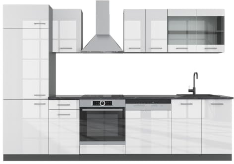 Vicco Küchenzeile R-Line, Weiß Hochglanz/Anthrazit, 300 cm | 8 Module · Höhenverstellbare Füße · AP Anthrazit inkl. · Robuste Fronten · Mit Kühlschrankumbauschrank