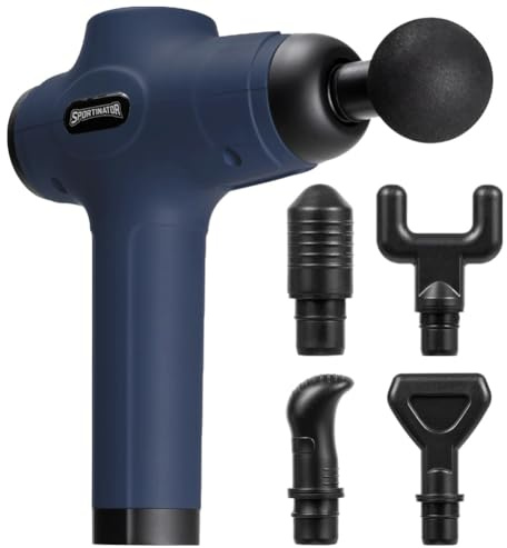 SPORTINATOR® Level Up Massagepistole inkl. verschiedener Aufsätze und Tragetasche, elektrisches Handmassagegerät mit USB-C-Anschluss und LCD-Touchscreen (Blau)