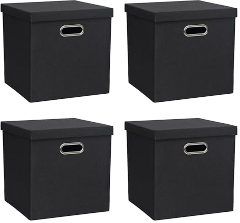 ArcaGuru Aufbewahrungsbehälter mit Deckel, Leinen Stoff Boxen Organizer Container mit Deckel faltbare Lagerung Box Korb für Schrank, Regale, Haus, Büro, 30,5 x 30,5 x 30,5 cm, 4 Stück, schwarz