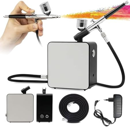 JUNIERS Airbrush-Set mit Kompressor inkl. 3 meter Schlauch - Profi Air-Brush Double Pistole Kit AG-102K - Multifunktional für Modellbau, Tätowierung, Torten, Tanning & mehr