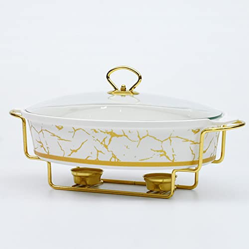 Vituord Chafing Dish Aus Keramik Für Buffets, Weißes Warmhaltetablett Mit 2 Goldenen Halterungen, Glasdeckel, Suppenteller, Rechteckiger Catering-Auflauf Für Partys, Hochzeiten, Bankette