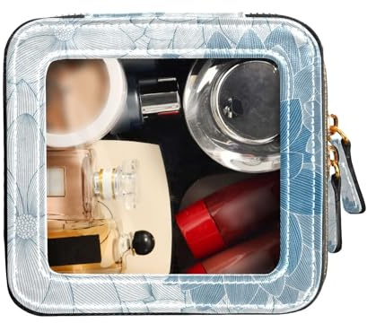 FRODOTGV Petite trousse de maquillage transparente en cuir avec fleurs de dahlia Bleu/blanc, Fleurs de dahlia bleu blanc, 1 Size