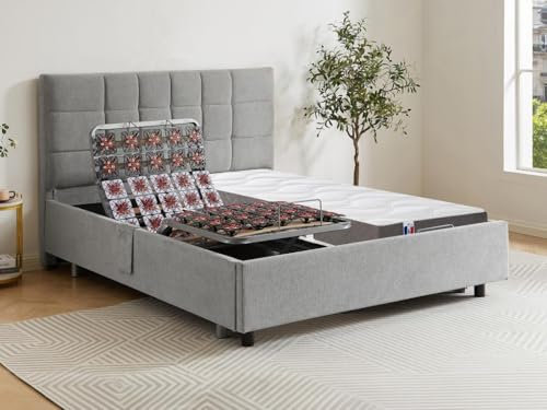 Vente-unique-Dekoratives Bett mit elektrischer Relaxfunktion mit Tellern + 3-Zonen-Matratze aus 100% Latex - 2 x 90 x 200 cm - Stoff - Grau - JOFAR von YSMÉE