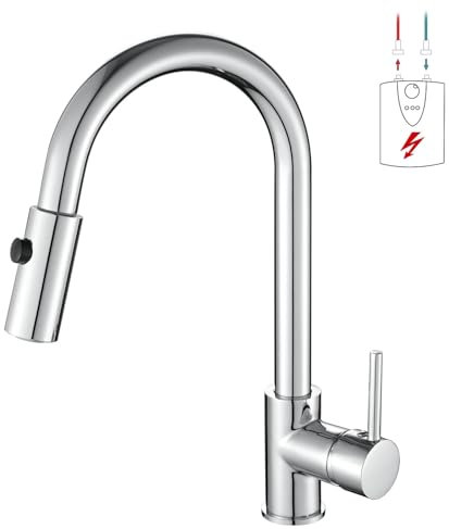 Zynuhmo Niederdruck Armatur Küche Ausziehbar,360° Drehbare Küchenarmatur,Wasserhahn mit 3 Anschluessen für Boiler,Hoher Bogen Mischbatterie Küche mit 2 Modi Brause, Edelstahl