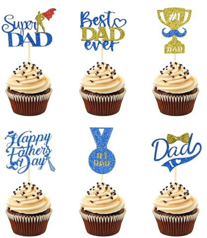 Happy Fathers Day Cupcake Toppers, Blue Gold Father's Day Cake Toppers, 24PCS Glitter Dad Cake Topper Decoration for Father's Birthday Party Bakeware Decor Y9FQJKLCP-BLUE