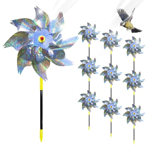 Moulin à Vent Réfléchissant, 10 Pièces Moulins à Vent Anti-Oiseaux, Répulsif Oiseaux Réfléchissant, Effaroucheur Oiseaux Decoration pour Protéger Le Jardin, Verger, Exterieur (Points d'argent)