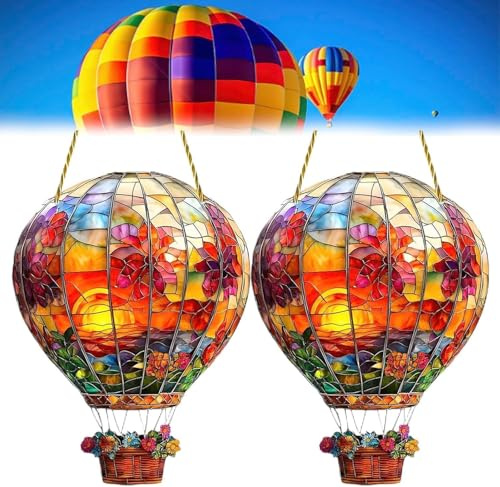 Hot Air Balloon Solar Garden Lights, 2PCS Hot Air Balloon Sun Catcher for Window, Hanging Hot Air Balloon Ornaments Suncatchers for Garden Decor, Acrylic Hot Air Balloon Solar Lantern Outdoor