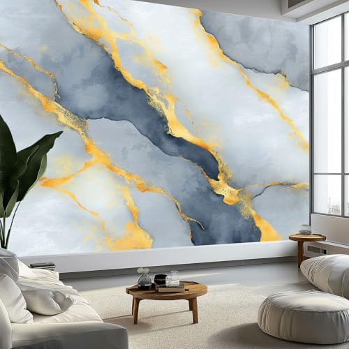Wandtapete Aquarell Stil Fototapete 500 x 280 cm (B x H), Murmeln Goldene Streifen Tapete Bild Dekoration Wand-Dekor, Tapete Panorama Poster Für Mädchen, Jungs Schlafzimmer Wohnzimmer