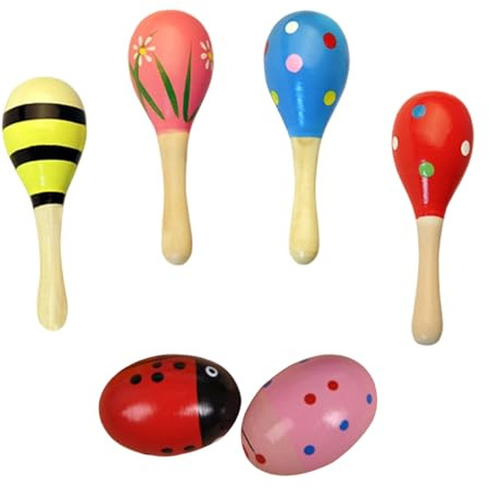 Baby Maracas, 4 Pcs Wooden Musical Maracas with 2 Egg Shakers, Random Colors, for Babies 6-24 Months, Party Favors, Classroom Prizes, Sensory Play