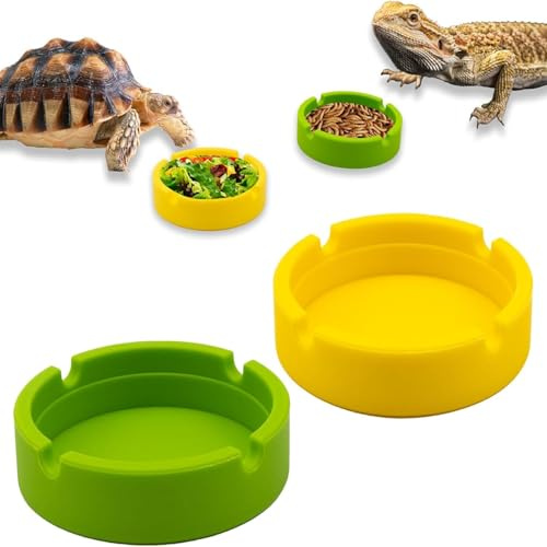 2 Pack Reptile Feeding Bowl, Silicone Reusable Crested Gecko Food and Water Dish, Bearded Dragon Tank Accessories for Lizard, Hermit Crab, Chameleon and Tortoise, Easy to Clean（Green &yellow）