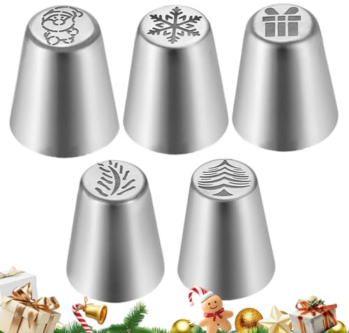 Piping Tips 5 Piece | Christmas Russian Piping Tips Set For Cake Decorations | Stainless Steel Tools Supplies For Decorating Baking Frosting Cupcake Pastry Cookie Christmas
