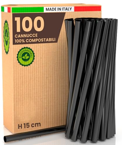 100 Cannucce Larghe Jumbo Colore Nero 15 cm x 8 mm - 100% Rigide Ecologiche Biodegradabili Compostabili e Riutilizzabili Made in Italy - Ideali per Bevande Cocktail Drink Eventi e Feste