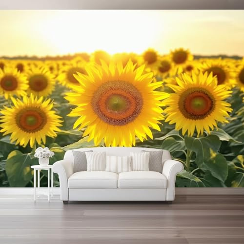 Carta da parati artistica 3D in tessuto non tessuto Girasoli Naturali Sole 250 x 175 cm Carta da parati decorazione murale per soggiorno e camera da letto, Giallo Verde