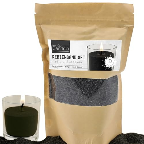 DIY Kerzensand mit 5 Dochte 250gr schwarz | 14x20x14cm Paraffinwachs | Sandgranulat Kerzenwachs Pulver Wachs Granulat für Gläser und Dekogefäße (schwarz)