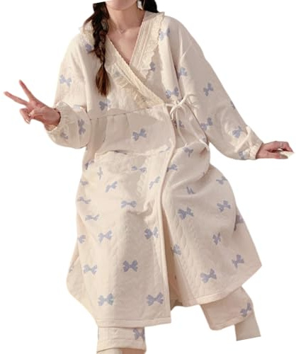 FROMCEO Conjunto de pijama de maternidad de invierno de algodón suave con capas térmicas para el embarazo, cómodo, vestido de noche suelto, ropa de dormir para el hogar, ropa de descanso de algodón