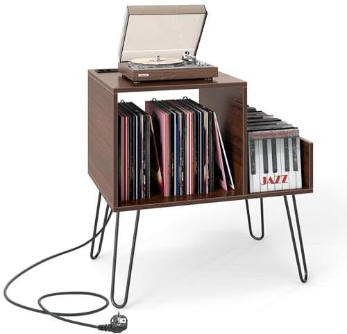 RELAX4LIFE Supporto per Giradischi con Stazione di Ricarica, Porta Vinili Vintage per 145 Album, Espositore per Dischi, Stand Tavolino per Soggiorno e Camera da Letto, 66 x 45 x 67 cm (Noce)