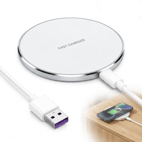 50W Fast Wireless Charger Qi Charging Pad with USB C Cable, Ultra Slim Case Friendly Phone Charging Mat Compatible with Phone 17 16 15 Gal S25 S24 S23 Smartphone for Desk Bedside Office Travel (White)