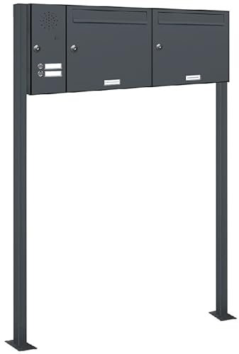 AL Briefkastensysteme 2er Standbriefkasten Anthrazitgrau RAL 7016 mit Klingel als 2 Fach Briefkastenanlage in Postkasten Doppel-Briefkasten Design modern