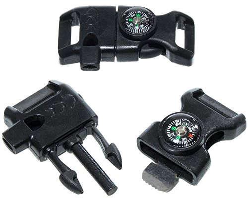 5 Stück 5/8 Zoll Kompass, Feuerstarter, Pfeife, All-in-One Notfallschnalle für Paracord-Armband oder Outdoor-Aktivitäten, Schwarz