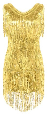 Damen Ärmellos Pailletten Kleid V-Ausschnitt Quasten Partykleid Gold M