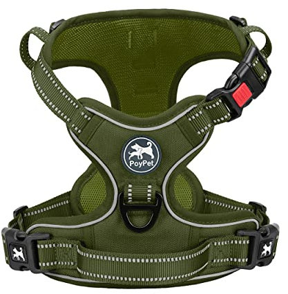 PoyPet Keine Pull Hundegeschirr, Reflektierendes Hundegeschirr für Hunde ohne Choke, Verstellbare, weich gepolsterte Haustierweste mit Easy Control-Griff für kleine bis große Hunde (Armeegrün,XS)