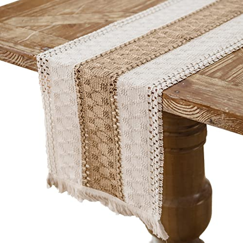 Boho Tischläufer Beige Leinen, Abwaschbar Vintage Makramee Tischläufer mit Quasten für Landhausstil Hochzeit Geburtstag Festlich Heim Küche Kaffee Tisch Dekoration, 30 x 140 cm
