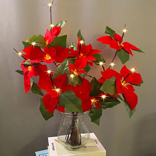 Riaxuebiy Roter Weihnachtsstern, LED-Zweige, beleuchtet, künstlicher Weihnachtsstern, Zweige, Dekoration, Licht für Zuhause, Schaufenster, Vase, Tisch, Zimmer, Weihnachten (2 Stück)