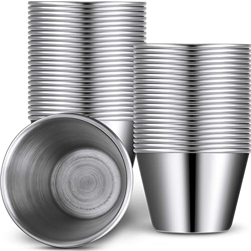 Potchen 48 Pack 2.5 oz Metal Ramekins Sauce Cups Stainless Steel Condiment Cups Round Dipping Containers for Vinegar Butter Ice for Kitchen Restaurant Catering Camping BBQ Party