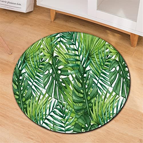 Chickwin Teppiche für Wohnzimmer Rund, Tropisch Pflanzen Muster Teppich Modern Schlafzimmer Groß Flanell Flauschig Weich rutschfest Fußmatte für Kinderzimmer (Monstera-Blätter,Durchmesser 90cm)