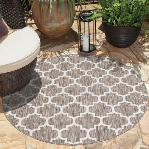 carpet city Teppich Outdoor Wetterfest - Beige - 160x160 cm Rund - Marokkanisch - Balkon Teppich Wasserabweisend - In-& Outdoor Teppiche für Terrasse, Garten, Küche, Bad oder Wohnzimmer