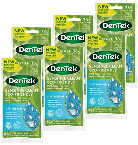 DenTek Eco-Friendly Sensitive Floss Picks with Soft Ribbon and Anti-Bacterial Dental Floss, Gentle on Teeth and Sensitive Gums, 36 Count x 6 packs (216 Picks)