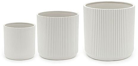Amazon Basics Vasi in ceramica scanalati Rotondo di dimensioni assortite, , set da 3, bianco, 15.2 cm, 20.3 cm, 25.4 cm