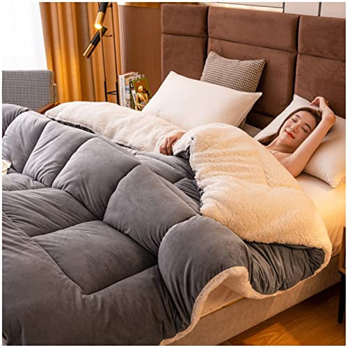 FFFF & OLFEH Bettdecke Baumwolle Winter, Flauschige Kaschmir Steppdecken für Allergiker Duvet, Verdicken Sie Lamm Kaschmir Decke Winter Weiche Warme Bettdecke Bettwäsche (Grau,180x220cm-3KG)