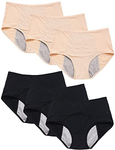 Kiench Perioden Unterhosen Damen Menstruation Slips Hohe Taille 6er-Pack 3 Schwarz & 3 Hautfarbe EU Größe 34-36 / XS/Teenager Mädchen 10-12 Jahre/EU 152