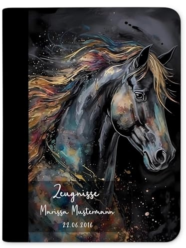 CreaDesign Zeugnismappe A4 mit Namen personalisiert – Pferd Black Beauty – für Mädchen – Dokumentenmappe Schule ohne Klarsichthüllen